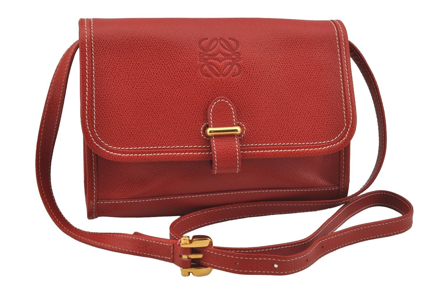 Authentic LOEWE Vintage Anagram Shoulder Cross Bag Purse Leather Red 0944J