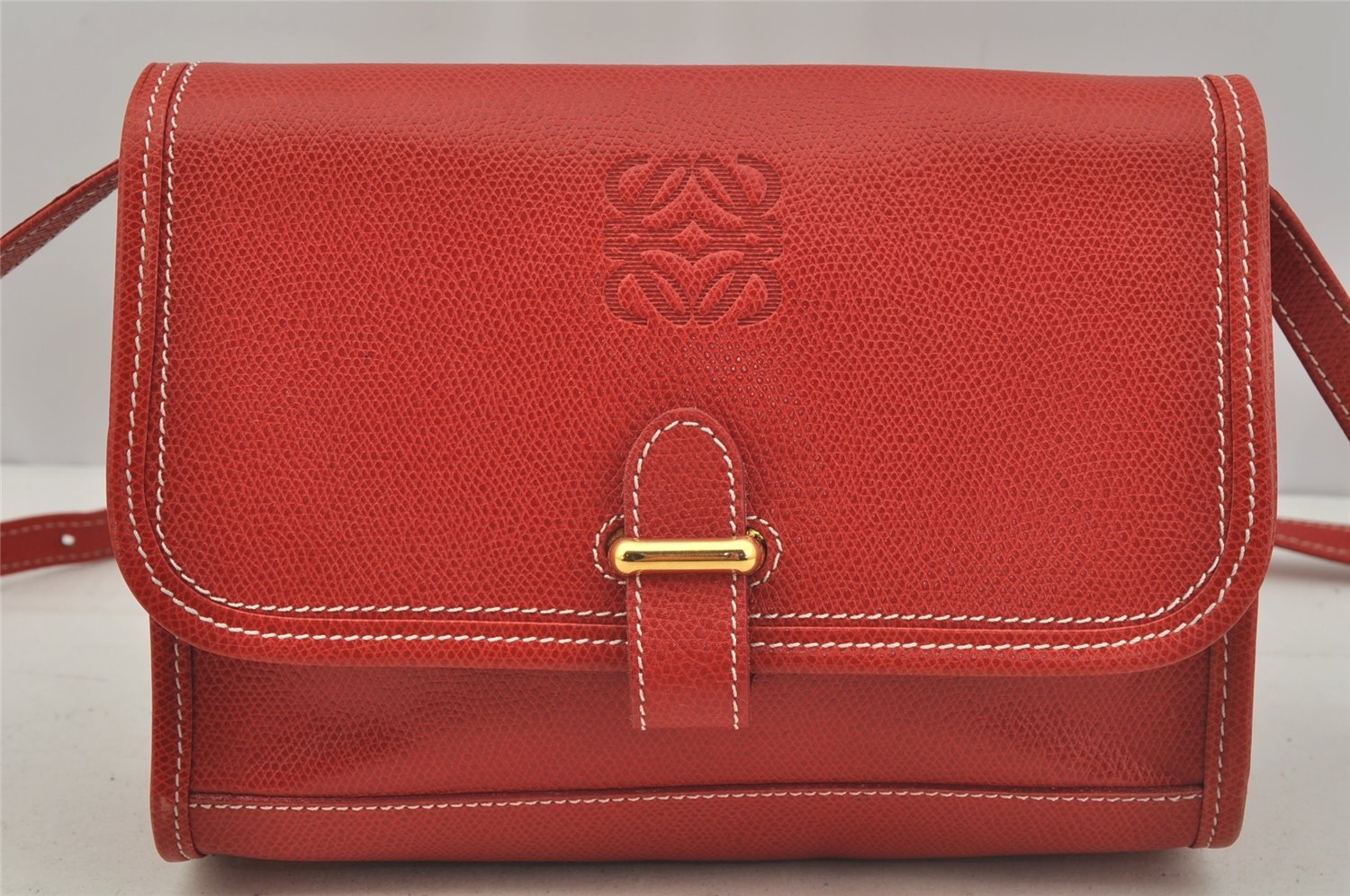 Authentic LOEWE Vintage Anagram Shoulder Cross Bag Purse Leather Red 0944J