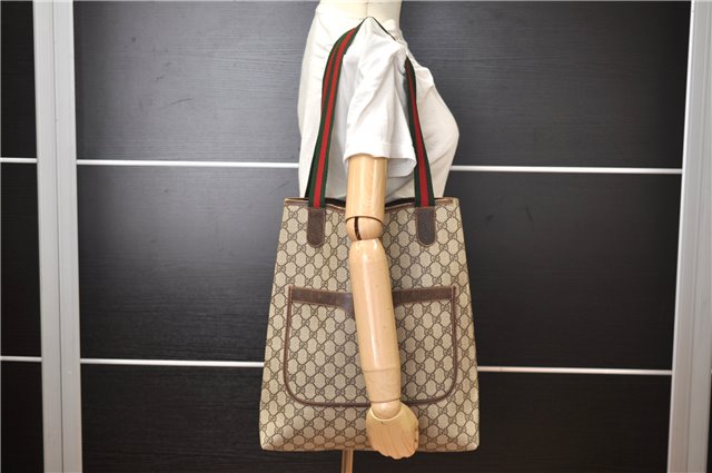 Authentic GUCCI Web Sherry Line Shoulder Tote Bag GG PVC Leather Brown 0947G