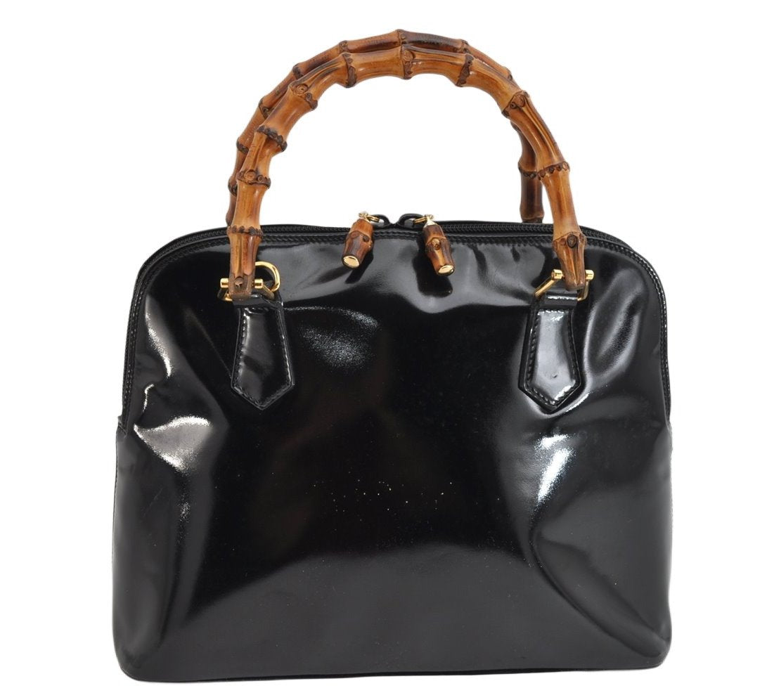 Authentic GUCCI Vintage Bamboo 2Way Shoulder Hand Bag Purse Enamel Black 0954K