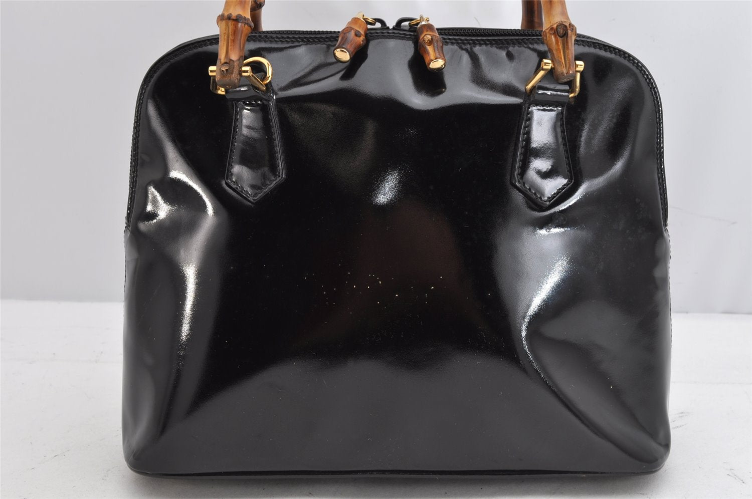 Authentic GUCCI Vintage Bamboo 2Way Shoulder Hand Bag Purse Enamel Black 0954K