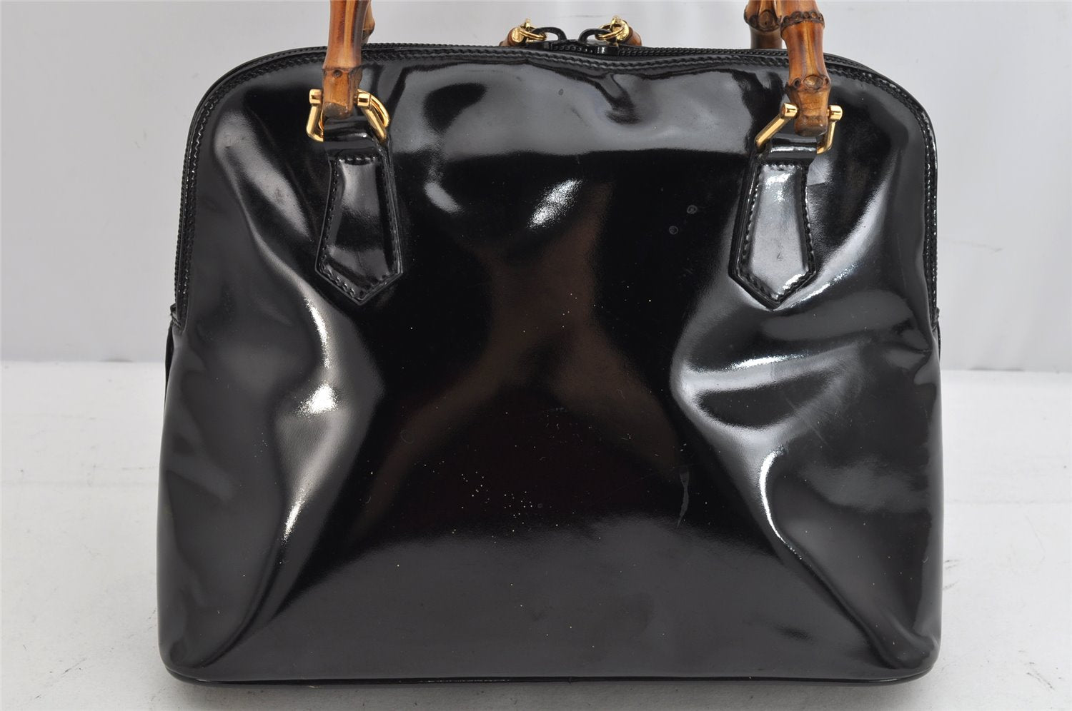 Authentic GUCCI Vintage Bamboo 2Way Shoulder Hand Bag Purse Enamel Black 0954K