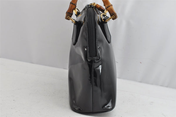 Authentic GUCCI Vintage Bamboo 2Way Shoulder Hand Bag Purse Enamel Black 0954K