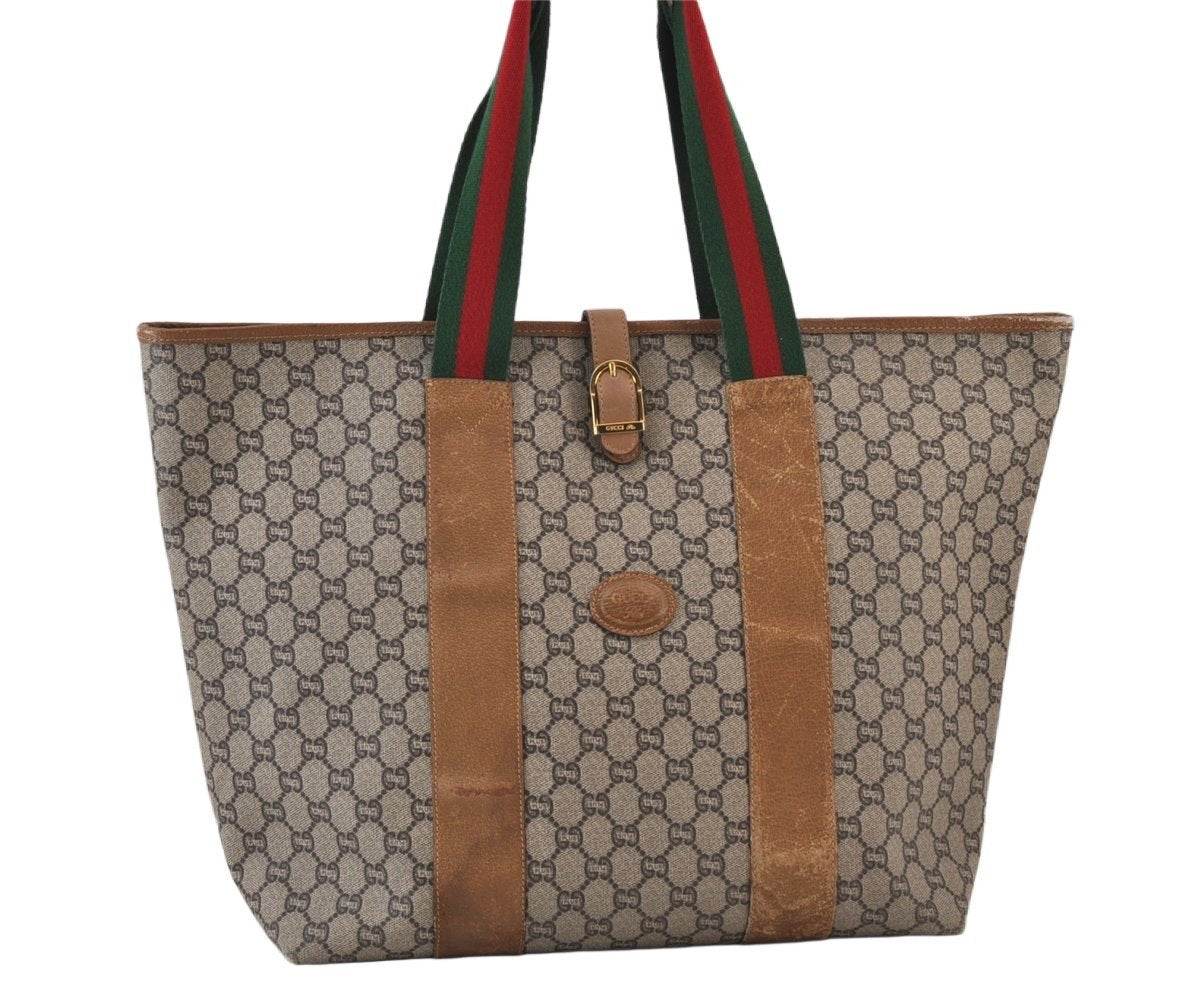 Authentic GUCCI Web Sherry Line Vintage GG Plus PVC Leather Tote Bag Brown 0956K