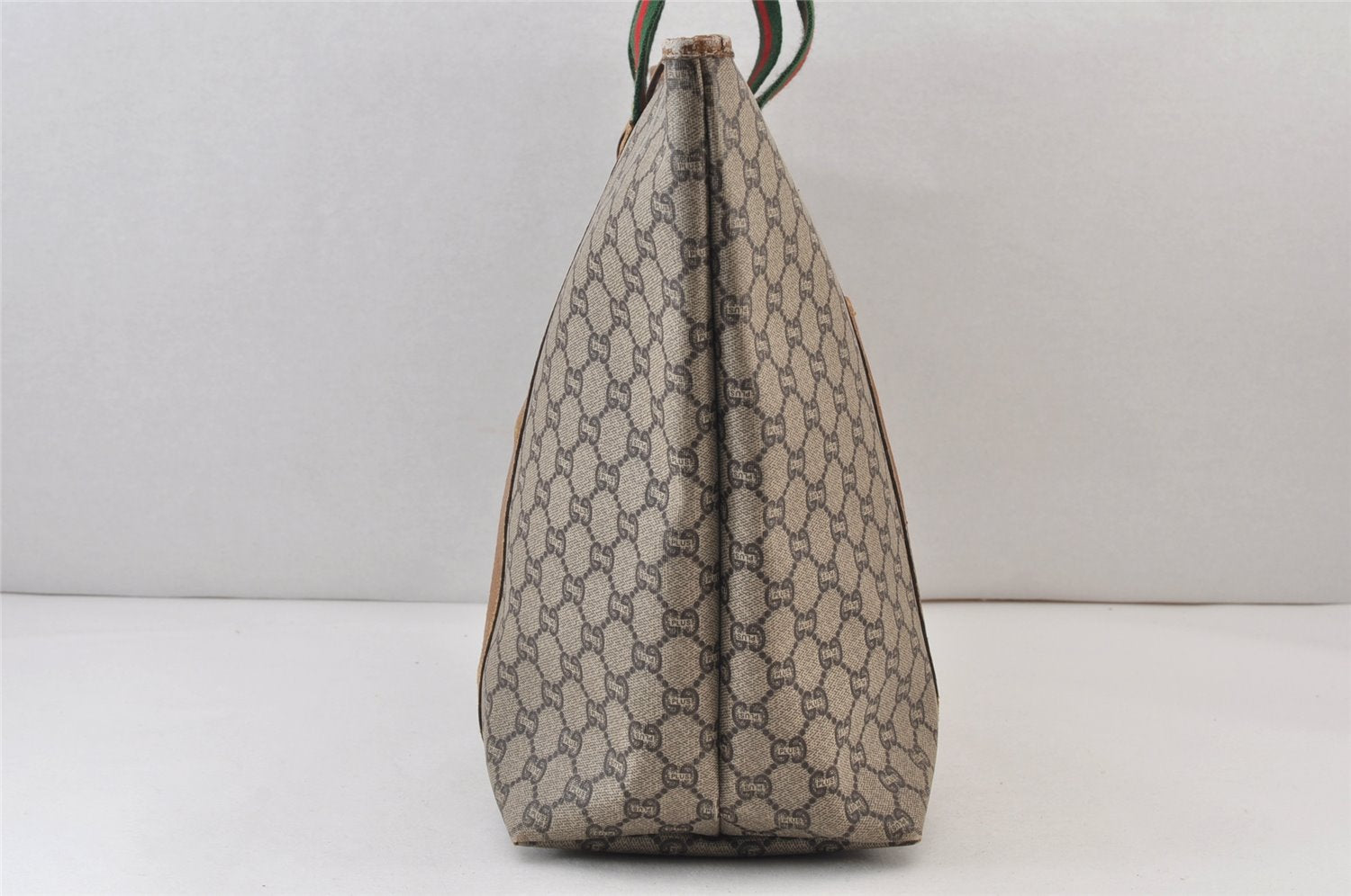 Authentic GUCCI Web Sherry Line Vintage GG Plus PVC Leather Tote Bag Brown 0956K