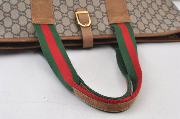 Authentic GUCCI Web Sherry Line Vintage GG Plus PVC Leather Tote Bag Brown 0956K