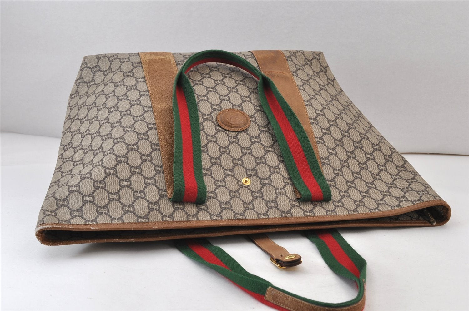 Authentic GUCCI Web Sherry Line Vintage GG Plus PVC Leather Tote Bag Brown 0956K