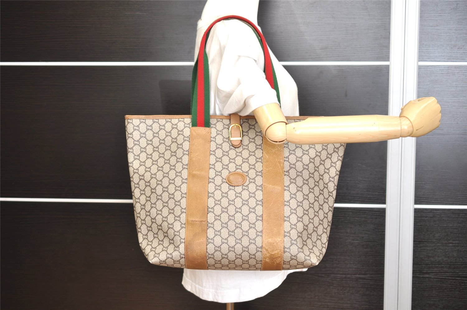 Authentic GUCCI Web Sherry Line Vintage GG Plus PVC Leather Tote Bag Brown 0956K
