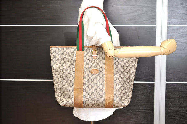 Authentic GUCCI Web Sherry Line Vintage GG Plus PVC Leather Tote Bag Brown 0956K