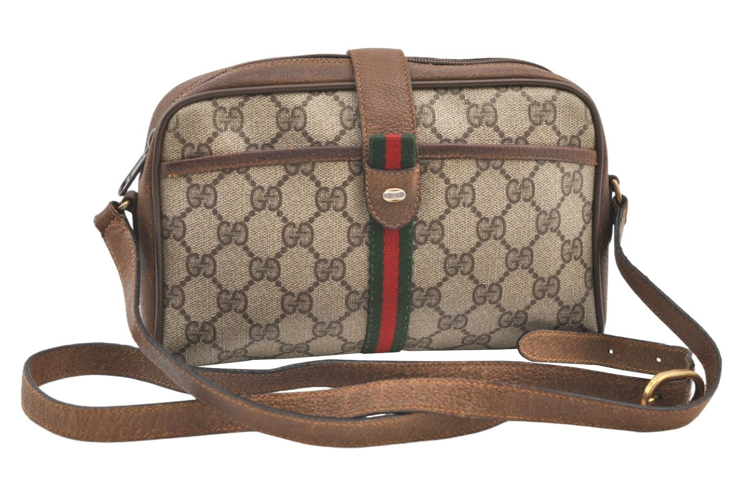 Authentic GUCCI Web Sherry Line Shoulder Cross Bag GG PVC Leather Brown 0957K