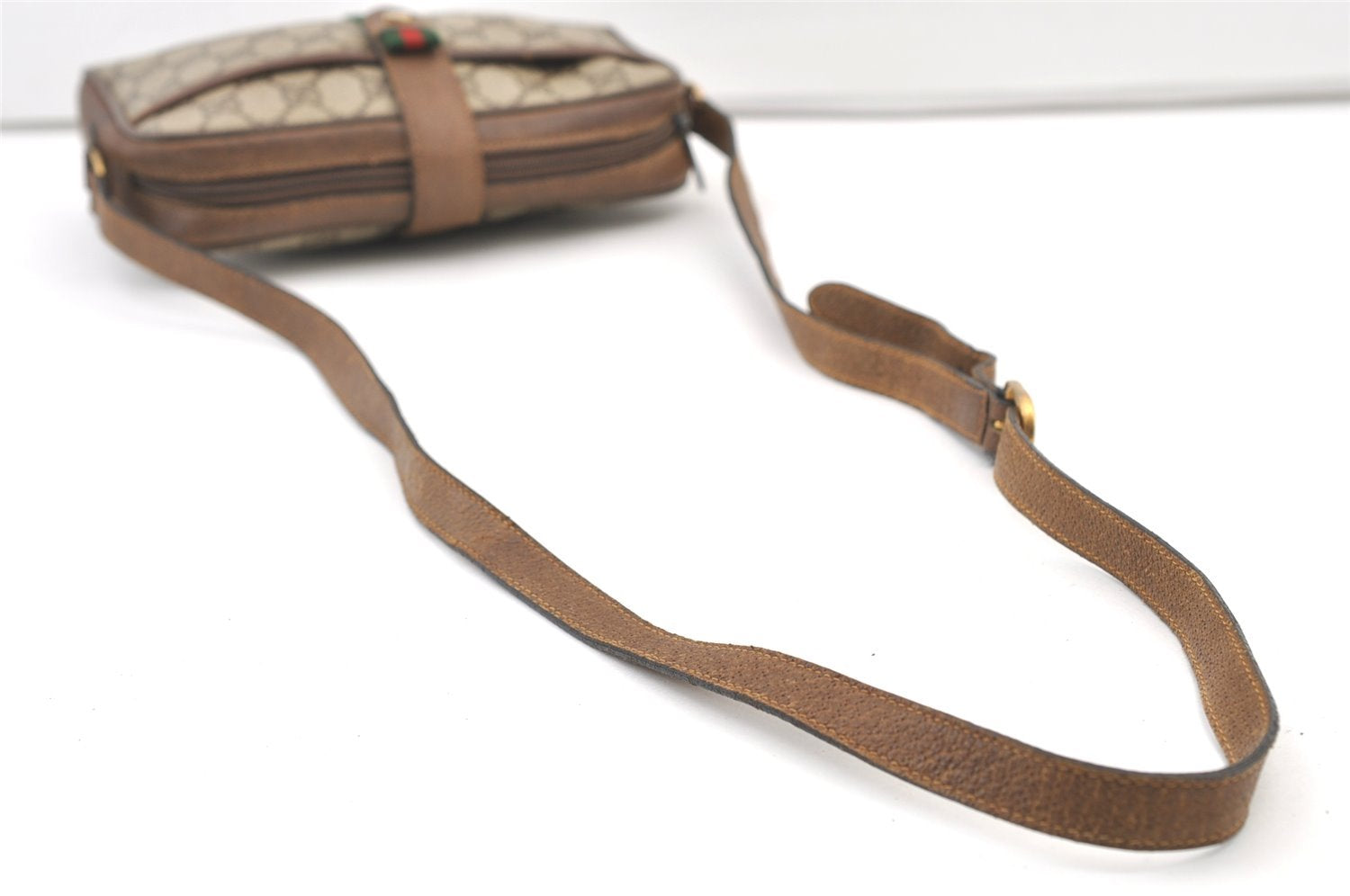 Authentic GUCCI Web Sherry Line Shoulder Cross Bag GG PVC Leather Brown 0957K