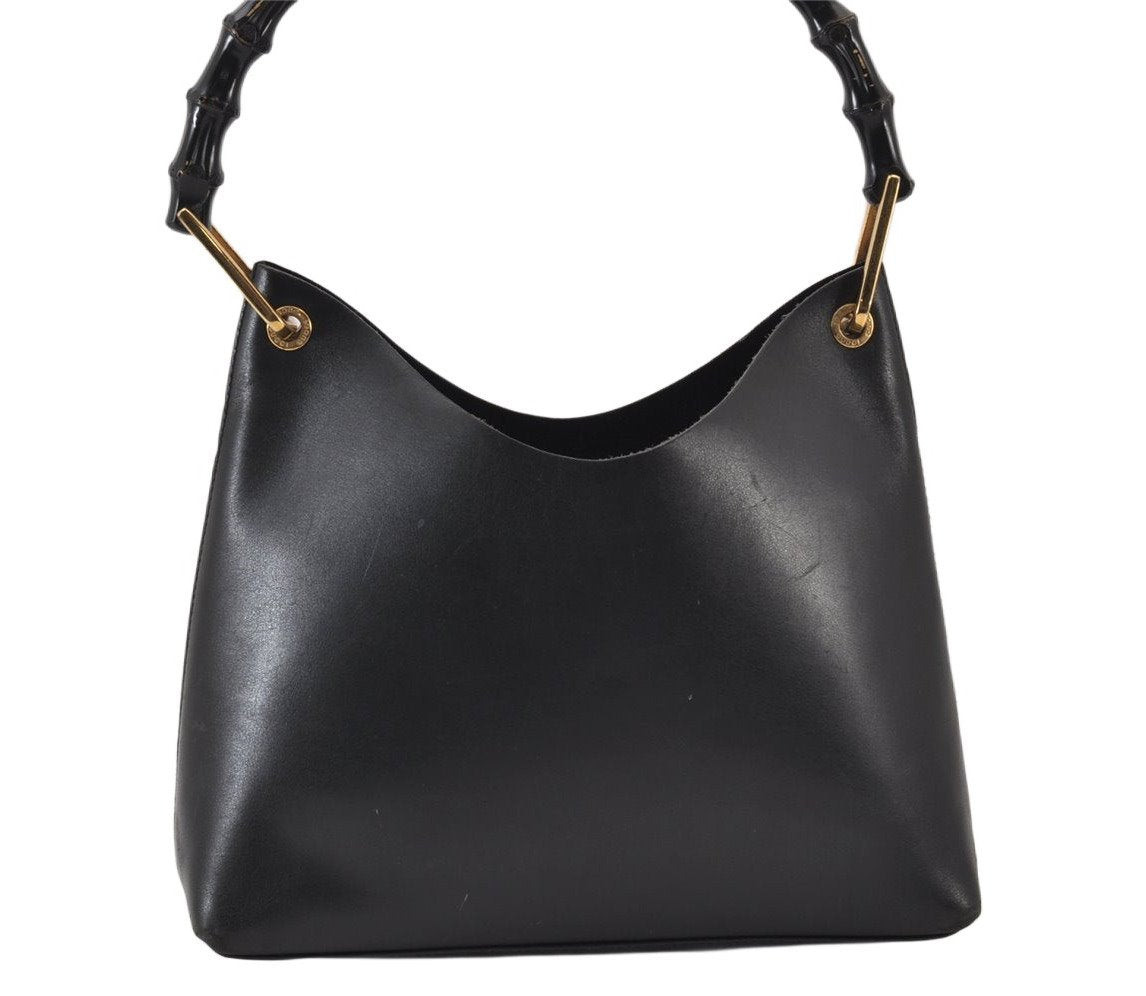 Authentic GUCCI Vintage Bamboo Shoulder Hand Bag Purse Leather Black 0971K