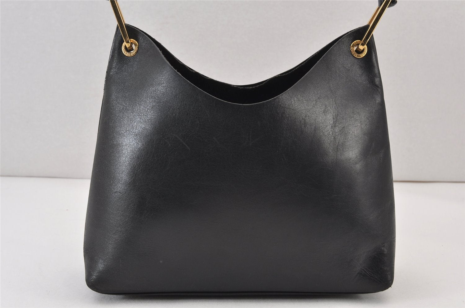 Authentic GUCCI Vintage Bamboo Shoulder Hand Bag Purse Leather Black 0971K