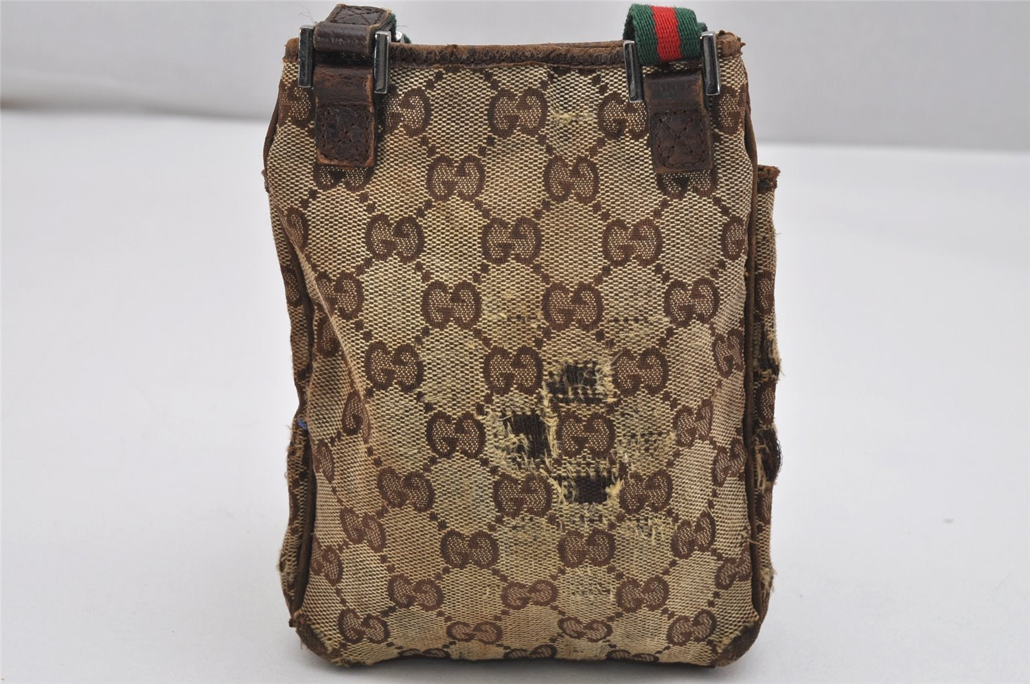 Authentic GUCCI Web Sherry Line Shoulder Bag GG Canvas Leather Brown Junk 0974K