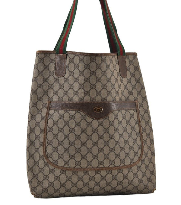 Authentic GUCCI Web Sherry Line Shoulder Tote Bag GG PVC Leather Brown 0979J