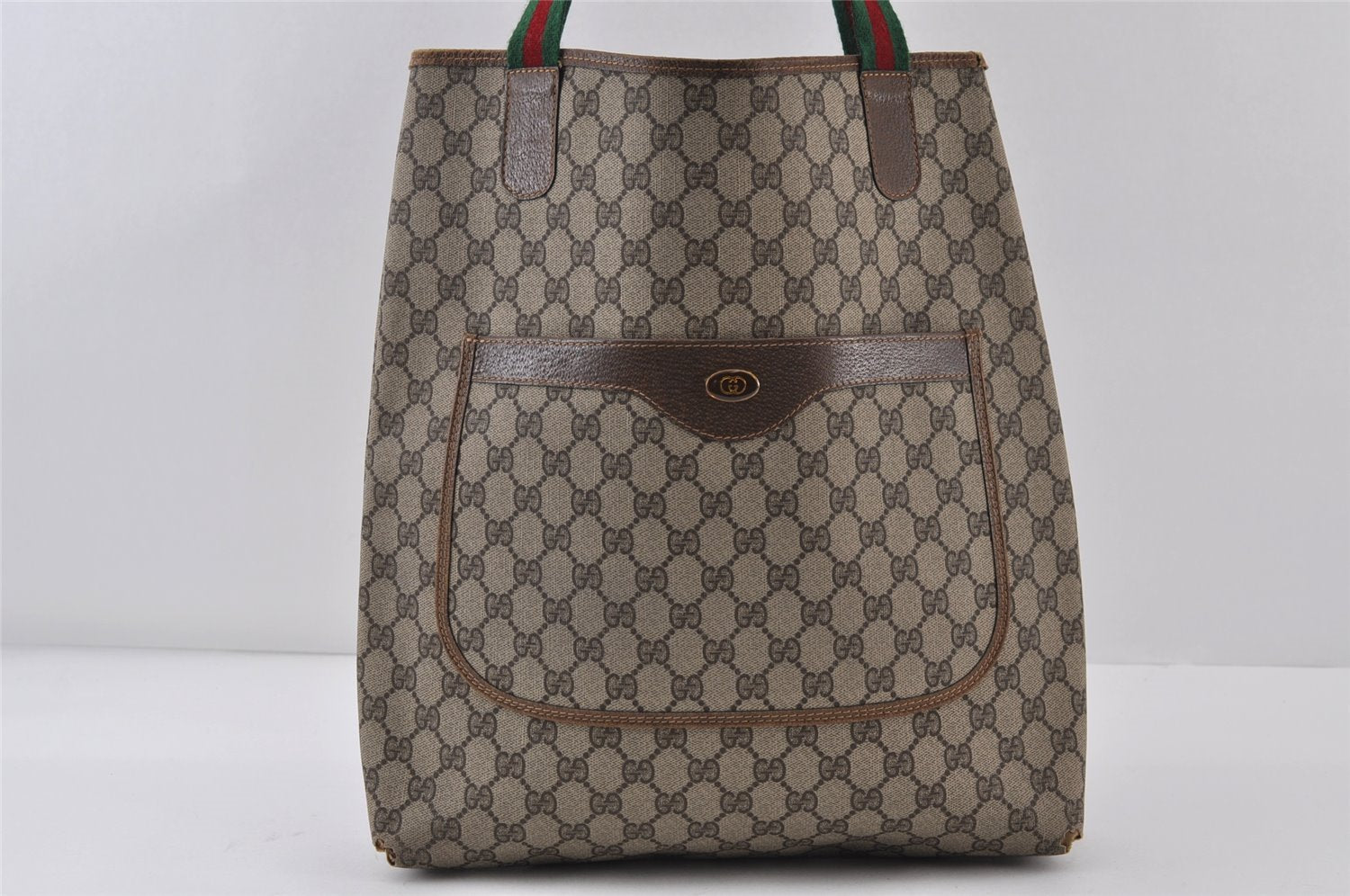 Authentic GUCCI Web Sherry Line Shoulder Tote Bag GG PVC Leather Brown 0979J