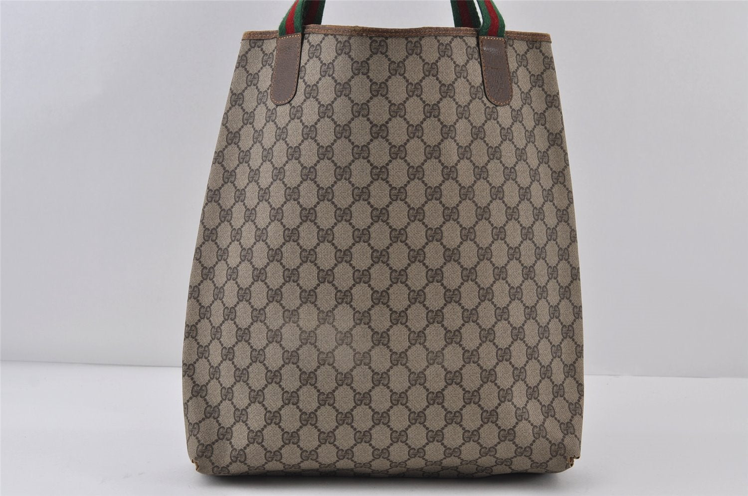 Authentic GUCCI Web Sherry Line Shoulder Tote Bag GG PVC Leather Brown 0979J