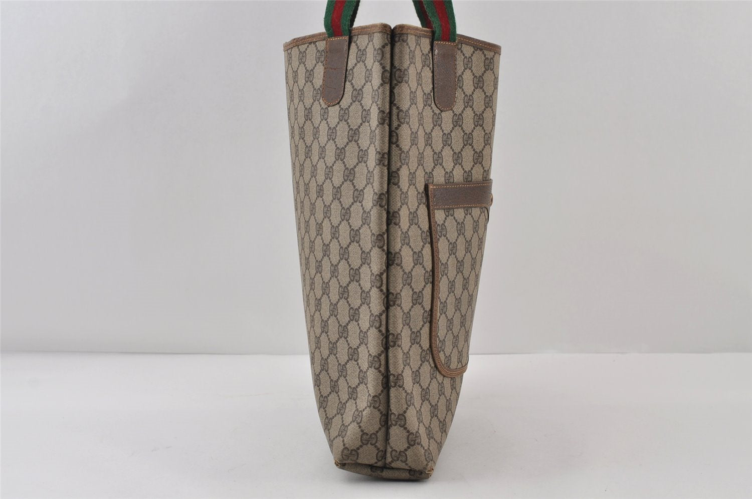 Authentic GUCCI Web Sherry Line Shoulder Tote Bag GG PVC Leather Brown 0979J