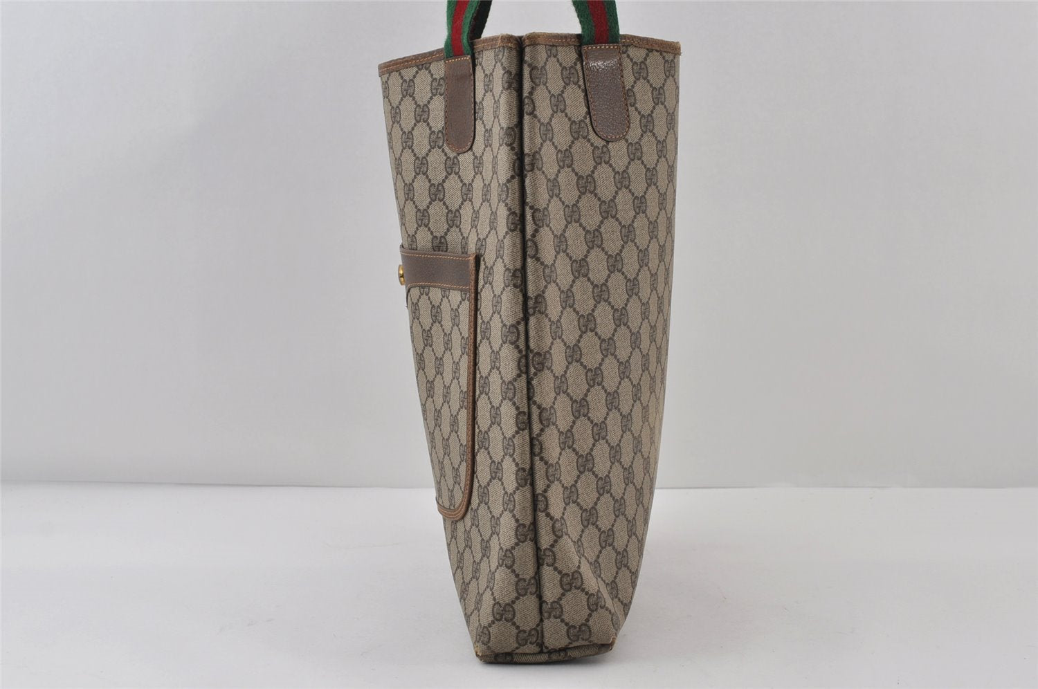 Authentic GUCCI Web Sherry Line Shoulder Tote Bag GG PVC Leather Brown 0979J