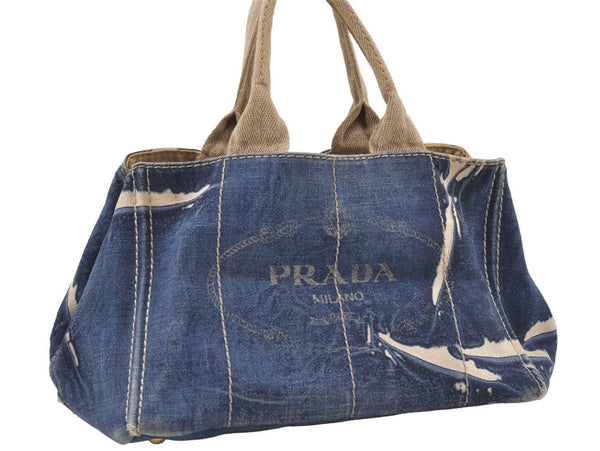 Authentic PRADA Vintage Canapa M Denim Tote Hand Bag Blue 0981J