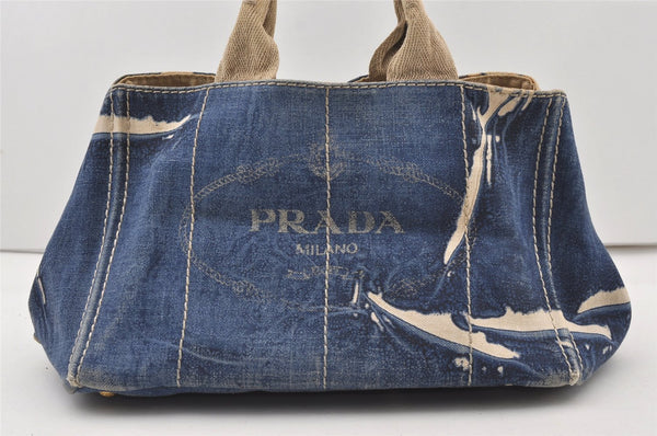 Authentic PRADA Vintage Canapa M Denim Tote Hand Bag Blue 0981J