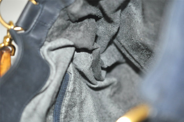 Authentic GUCCI Bamboo Shoulder Hand Bag Purse Suede Leather Navy Blue 0983I