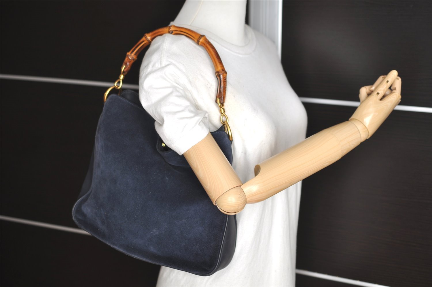 Authentic GUCCI Bamboo Shoulder Hand Bag Purse Suede Leather Navy Blue 0983I