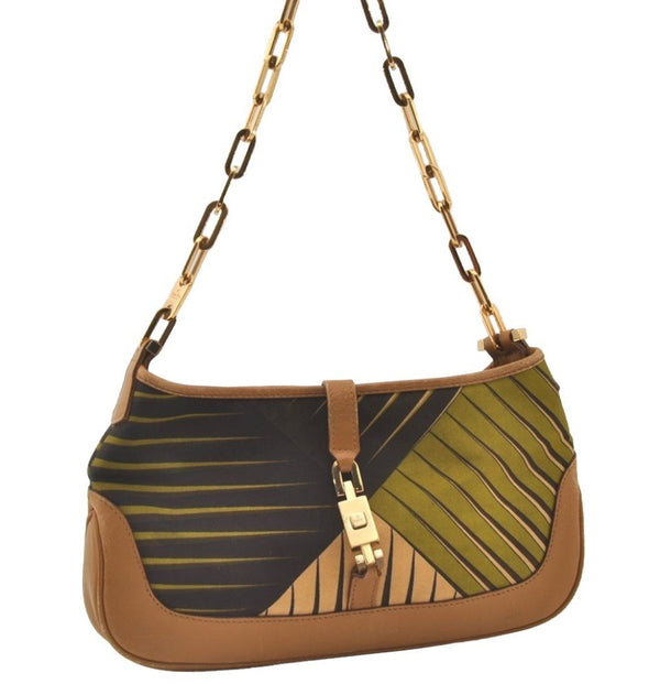 Authentic GUCCI Jackie Chain Shoulder Hand Bag Nylon Leather 0019032 Brown 0983J