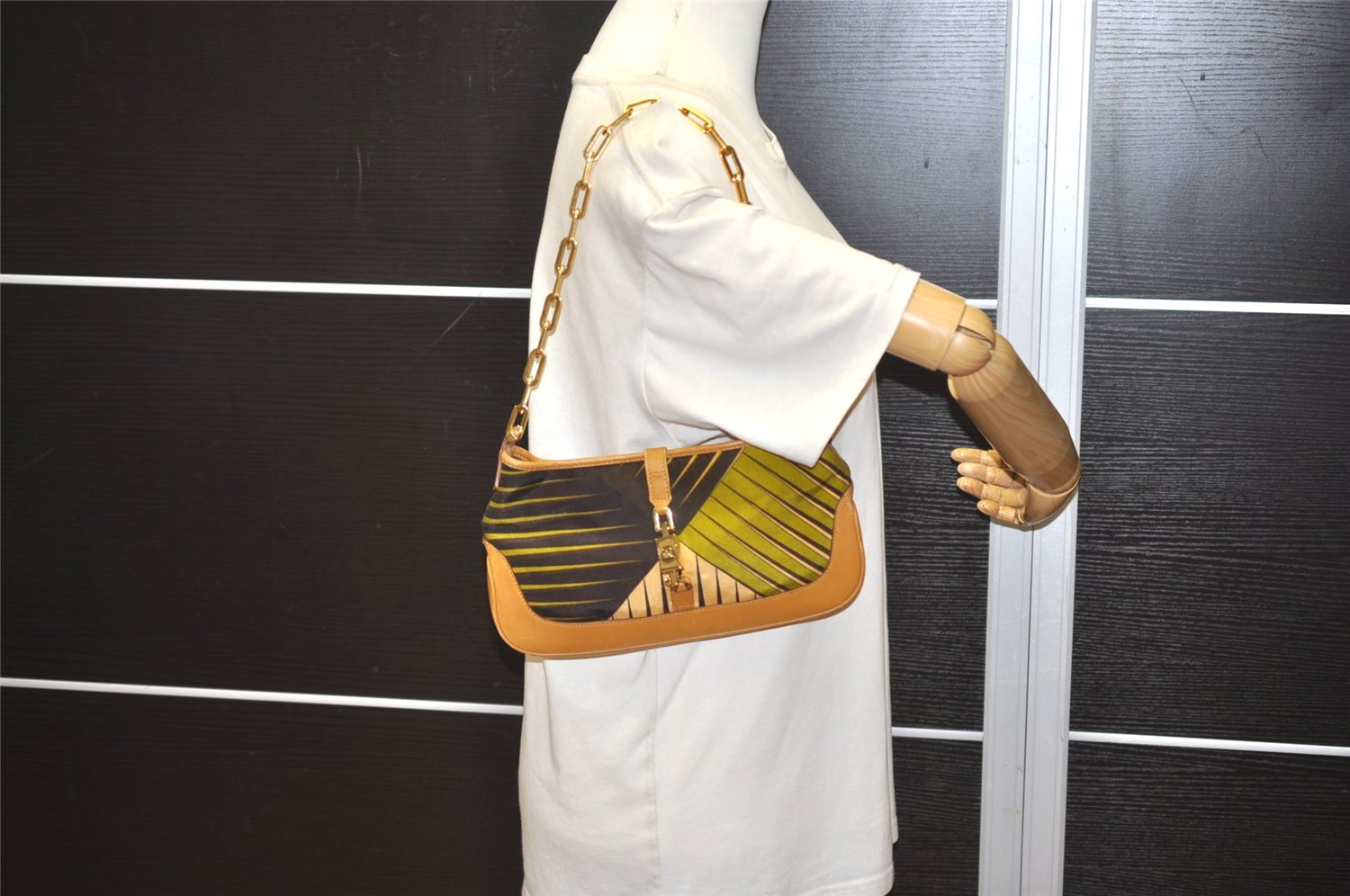 Authentic GUCCI Jackie Chain Shoulder Hand Bag Nylon Leather 0019032 Brown 0983J