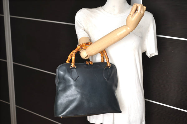 Authentic GUCCI Bamboo 2way Hand Shoulder Bag Leather Navy Blue Junk 0983K