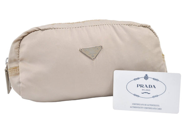 Authentic PRADA VELA Vintage Nylon Leather Pouch Purse MV350 Beige 0991K