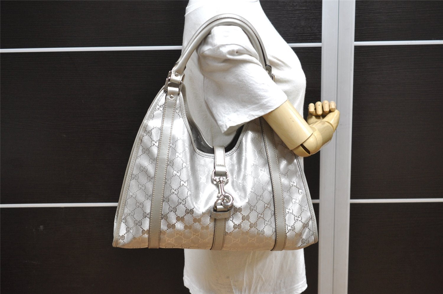 Authentic GUCCI GG Imprime Joy Shoulder Bag GG PVC Leather 203494 Silver 0992J