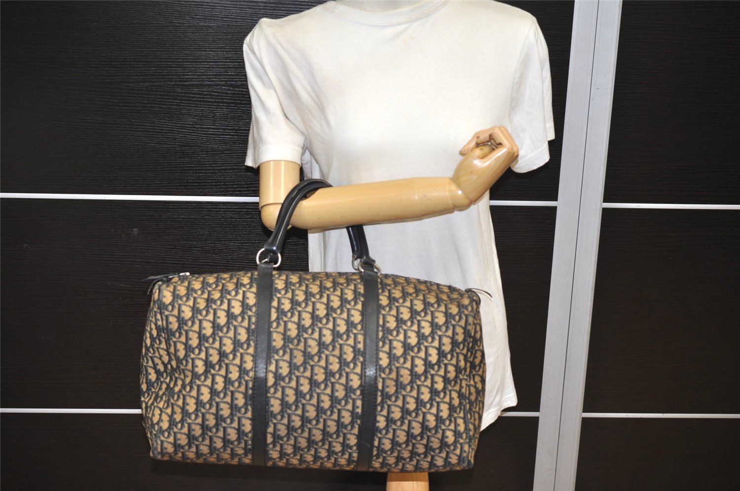 Authentic Christian Dior Trotter Hand Boston Bag Canvas Leather Blue 0999K