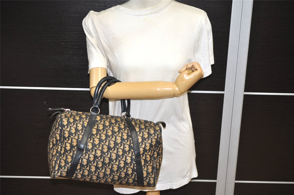 Authentic Christian Dior Trotter Hand Boston Bag Purse Canvas Leather Blue 1000K