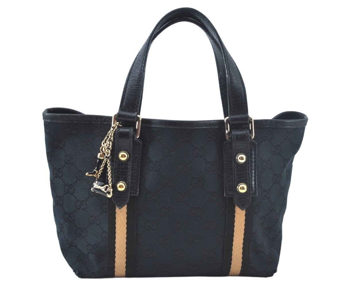 Authentic GUCCI Sherry Line Hand Tote Bag GG Canvas Leather Black 1004K