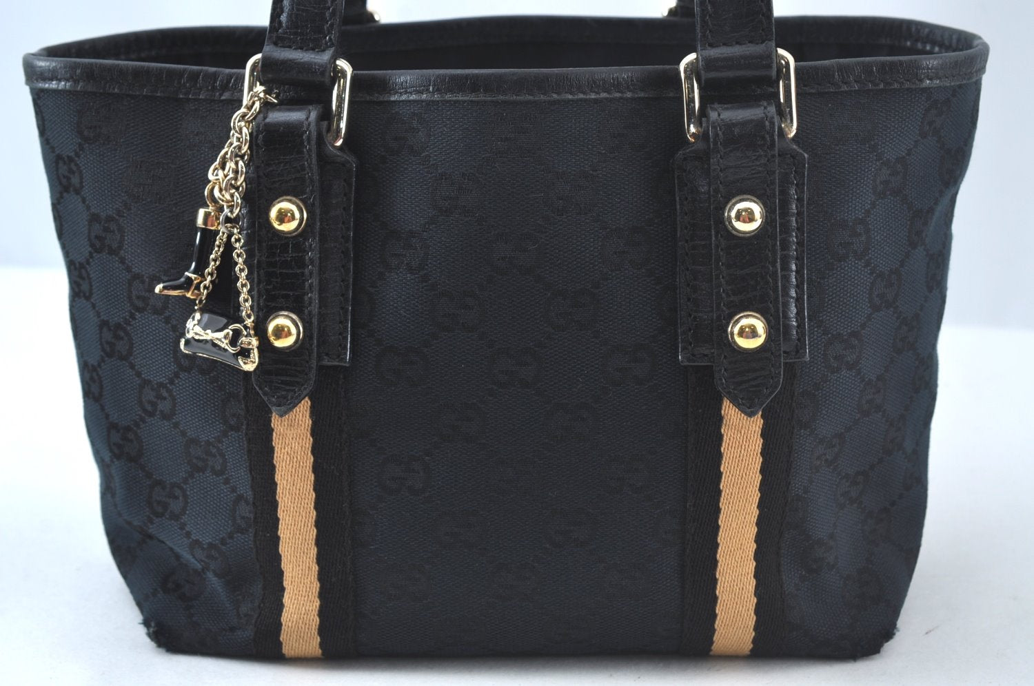 Authentic GUCCI Sherry Line Hand Tote Bag GG Canvas Leather Black 1004K