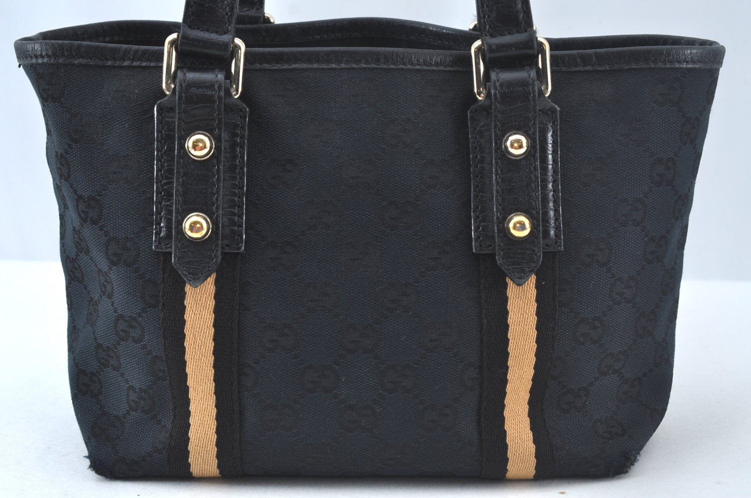 Authentic GUCCI Sherry Line Hand Tote Bag GG Canvas Leather Black 1004K