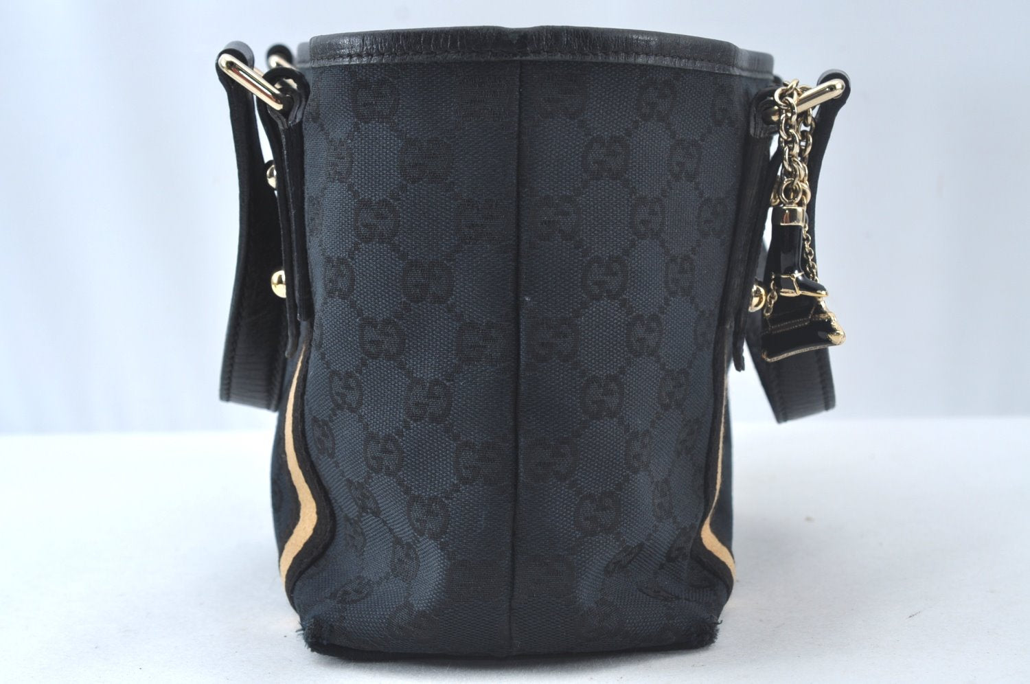 Authentic GUCCI Sherry Line Hand Tote Bag GG Canvas Leather Black 1004K