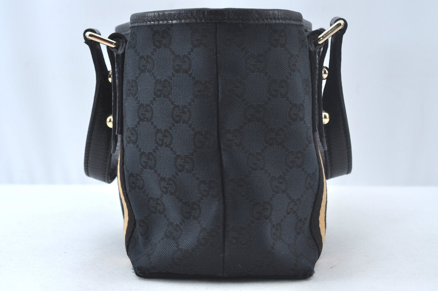 Authentic GUCCI Sherry Line Hand Tote Bag GG Canvas Leather Black 1004K