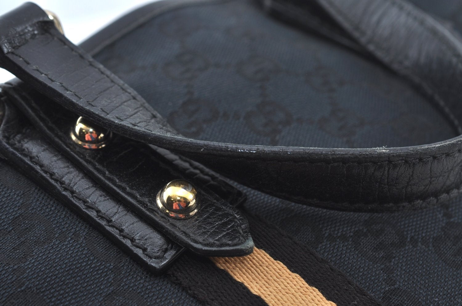 Authentic GUCCI Sherry Line Hand Tote Bag GG Canvas Leather Black 1004K