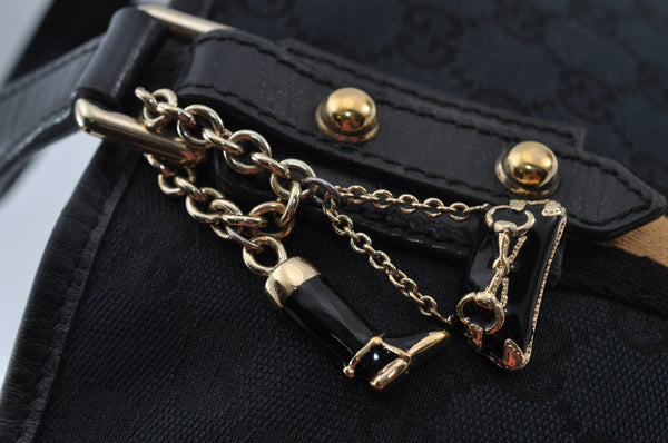 Authentic GUCCI Sherry Line Hand Tote Bag GG Canvas Leather Black 1004K