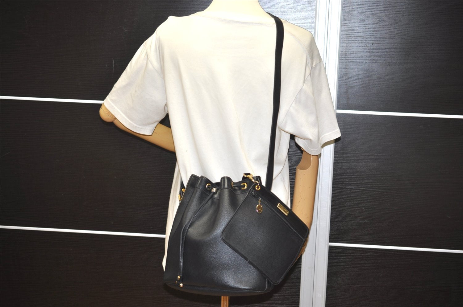 Authentic Christian Dior Honeycomb Drawstring Bag PVC Leather Black CD 1015I