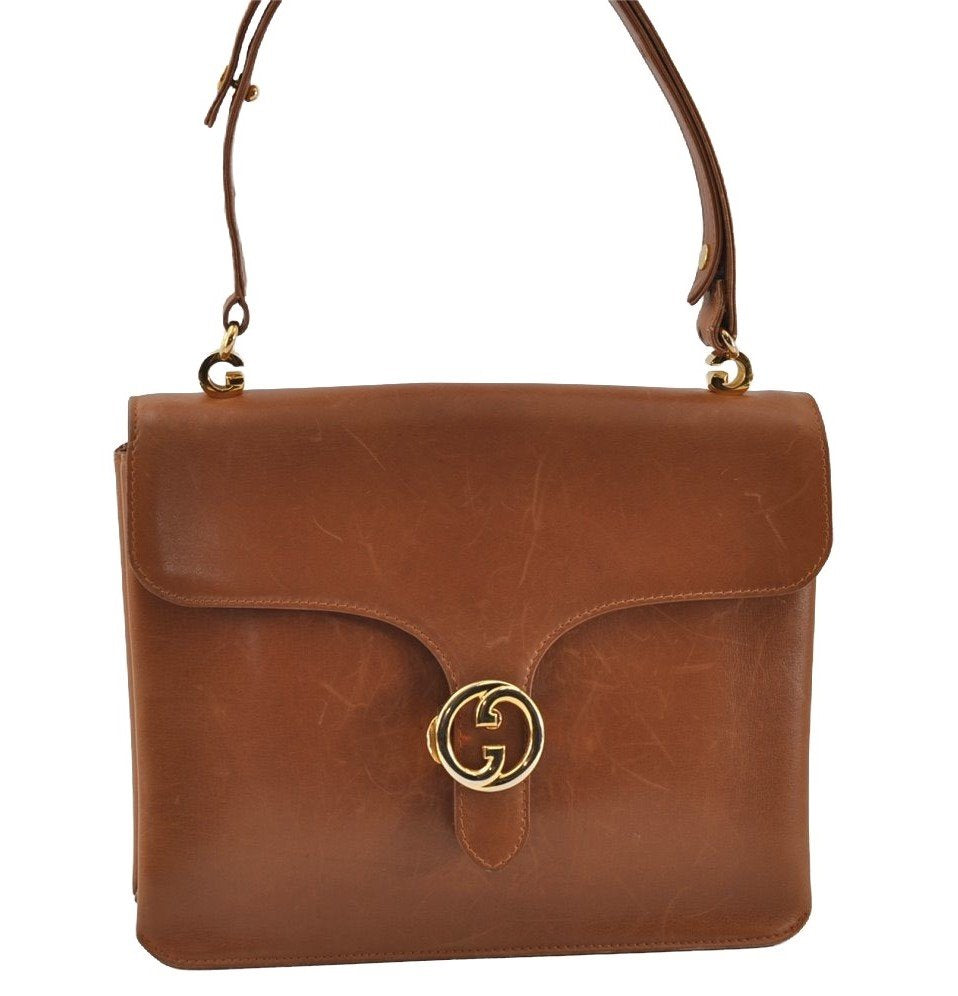 Authentic Vintage GUCCI Shoulder Hand Bag Purse Leather Brown 1015J