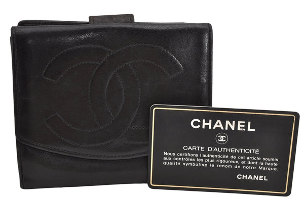 Authentic CHANEL Vintage Lamb Skin Bifold Wallet Purse Black CC 1015K