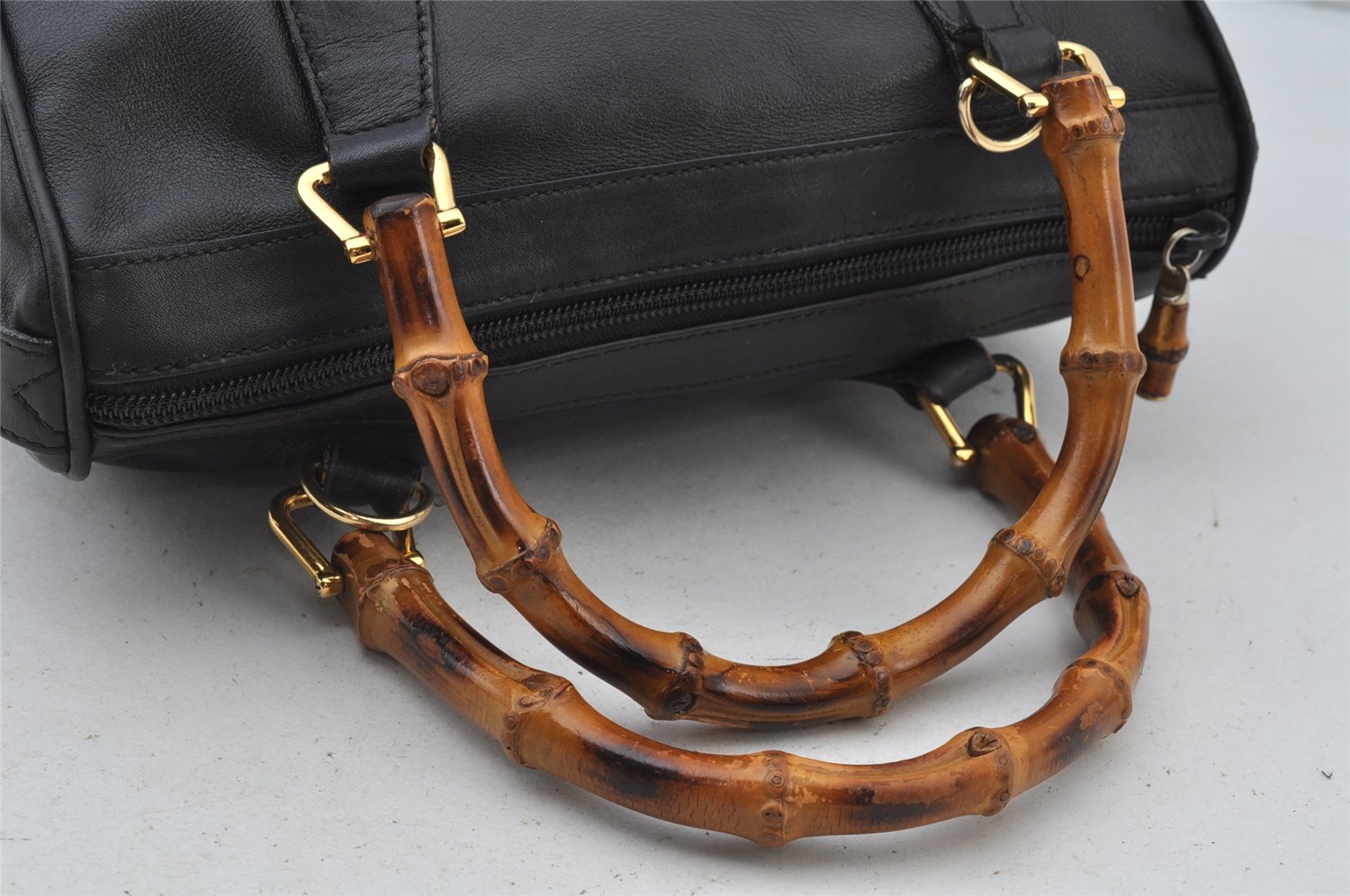 Authentic GUCCI Vintage Bamboo 2Way Shoulder Hand Bag Purse Leather Black 1016J