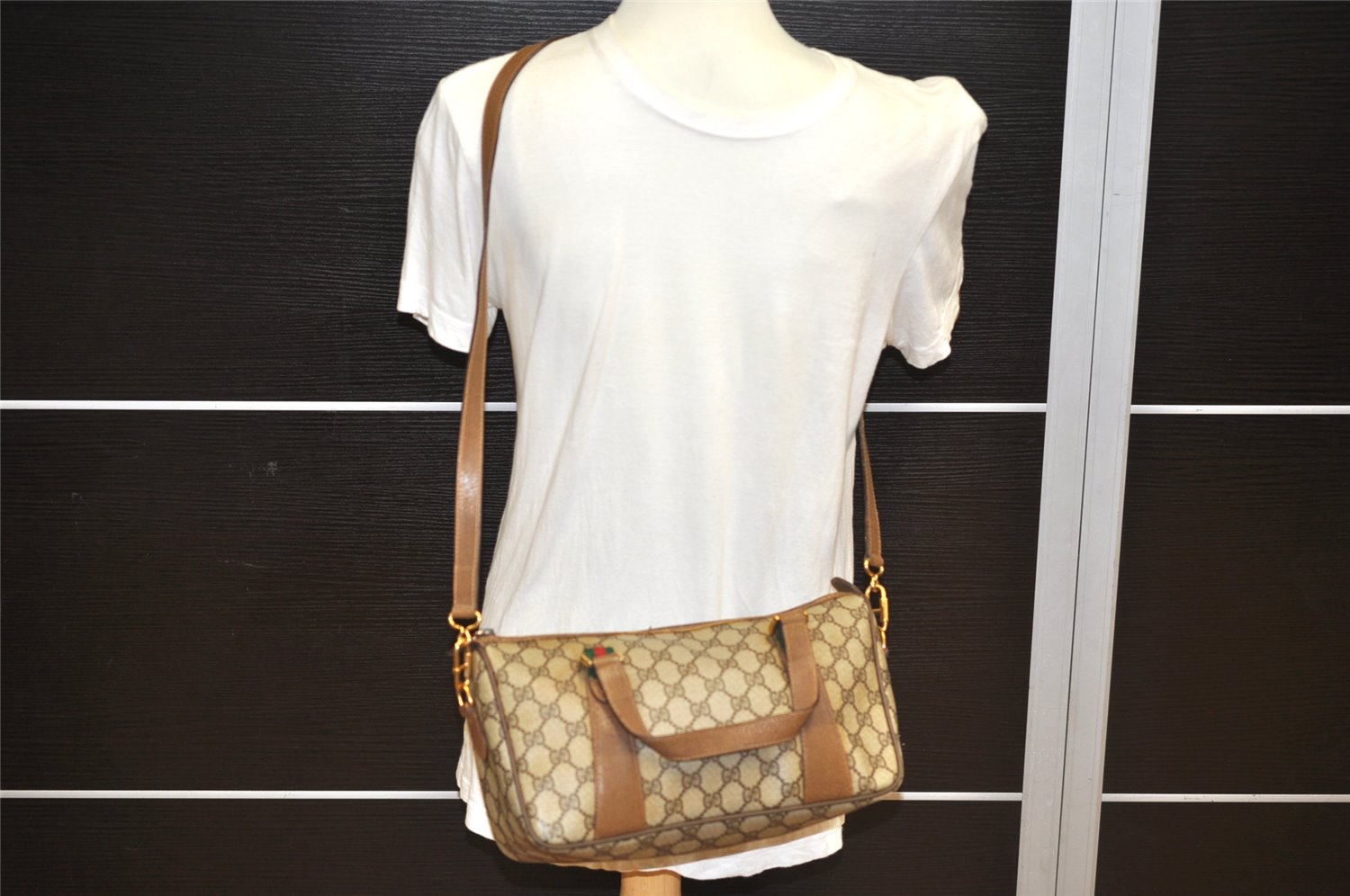 Authentic GUCCI Web Sherry Line 2Way Hand Bag GG PVC Leather Brown Junk 1020K