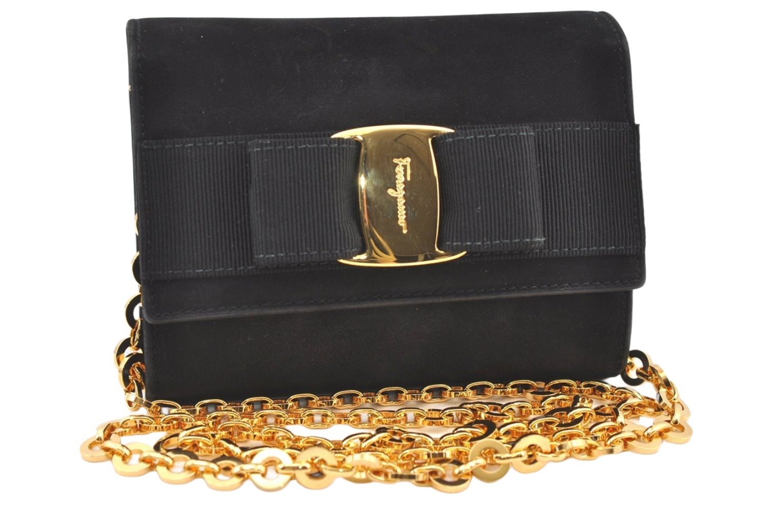 Authentic Salvatore Ferragamo Vara Ribbon Shoulder Bag Suede Leather Black 1023K