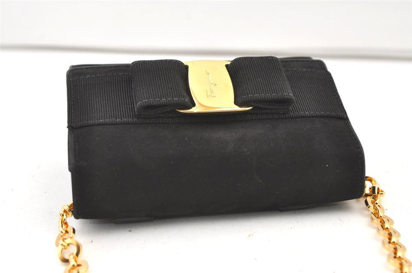 Authentic Salvatore Ferragamo Vara Ribbon Shoulder Bag Suede Leather Black 1023K
