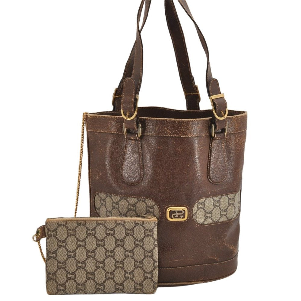 Authentic GUCCI GG Plus Shoulder Tote Bag Leather GG PVC Brown Junk 1024K