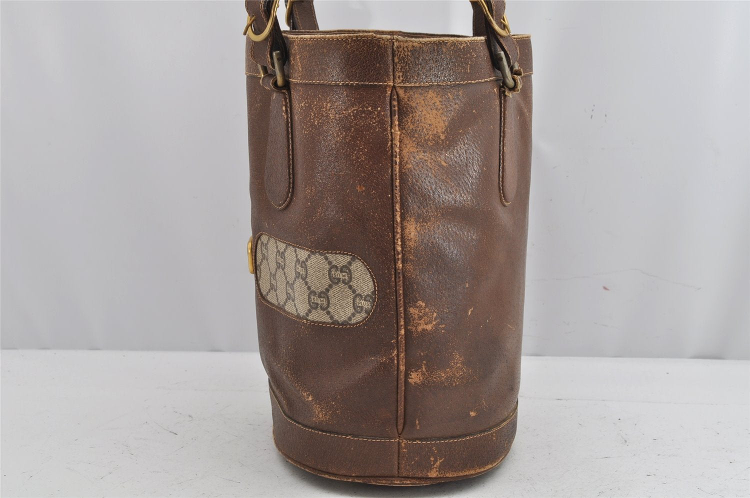 Authentic GUCCI GG Plus Shoulder Tote Bag Leather GG PVC Brown Junk 1024K